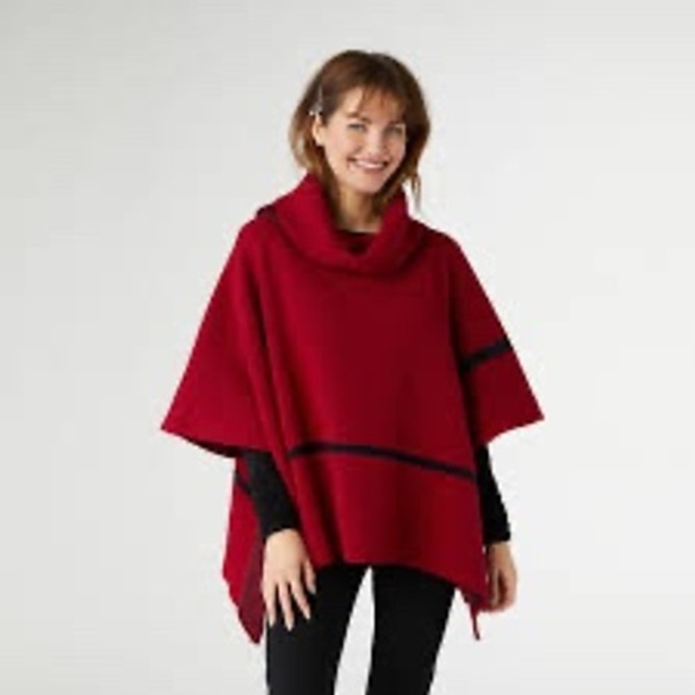 Coco + Carmen Sheldon Cowl Neck Poncho red black striped Dark academia,